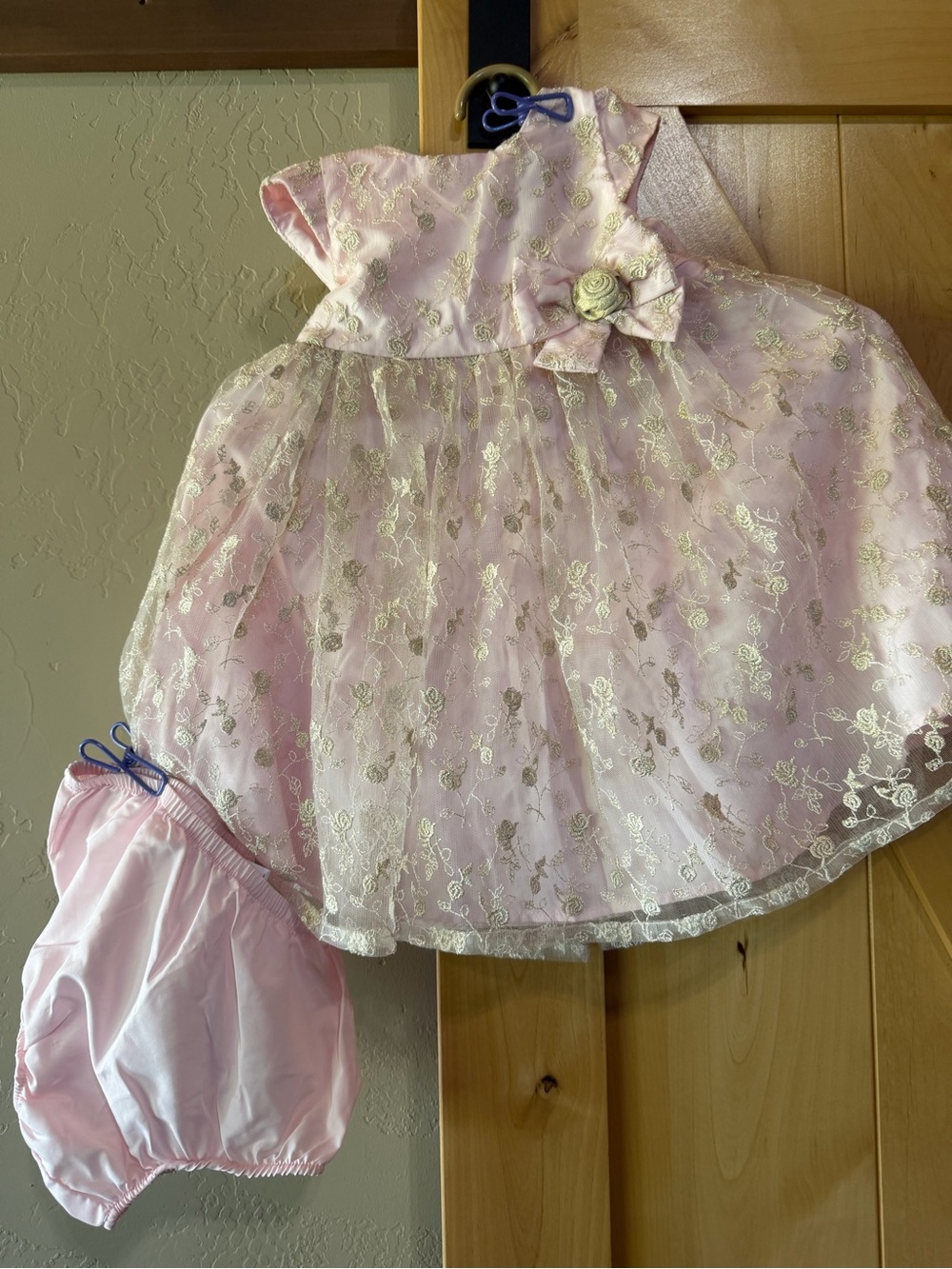 Little Me Pink and Gold Floral Lace Dress with Bloom Accent